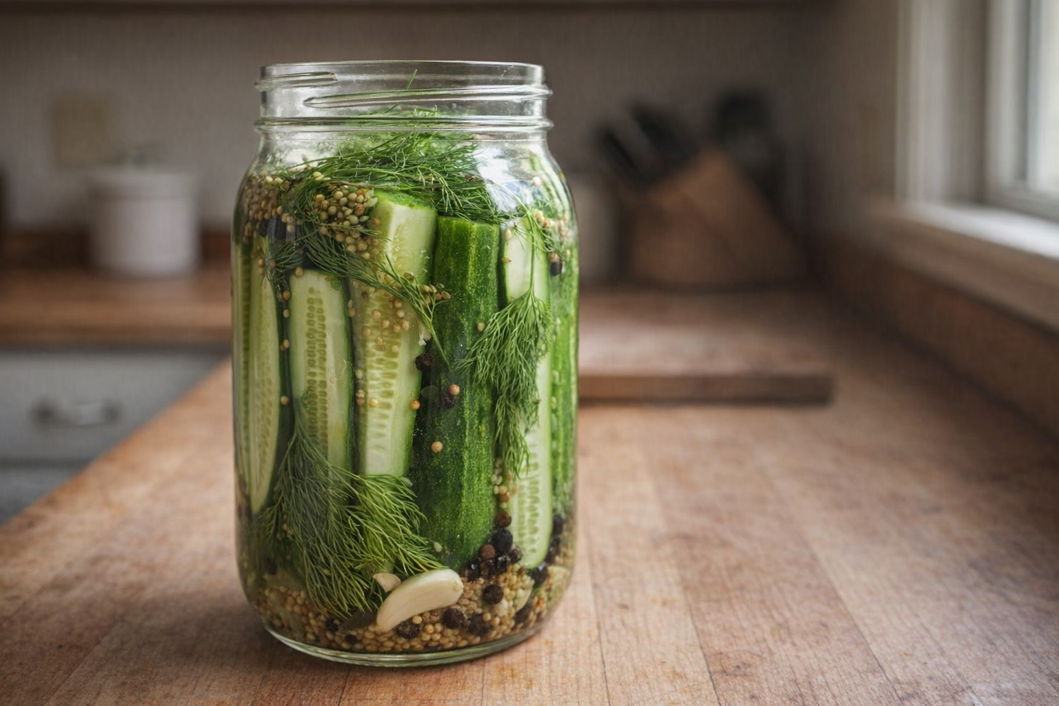 A close-up shot of a jar of homemade dill pickles, showcasing the vibrant green cucumbers, dill sprigs, garlic cloves, and spices suspended in a clear brine. The jar is sitting on a wooden countertop with a rustic kitchen backdrop